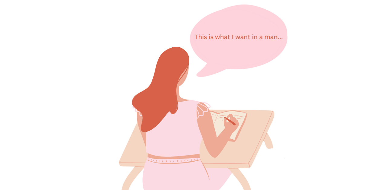 Illustration of a woman writing down her dating standards.